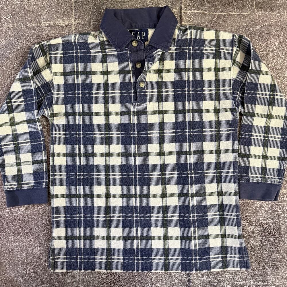 Women's Vintage 90's GAP Navy Blue Green White Plaid Long Sleeve Polo Shirt Sz S